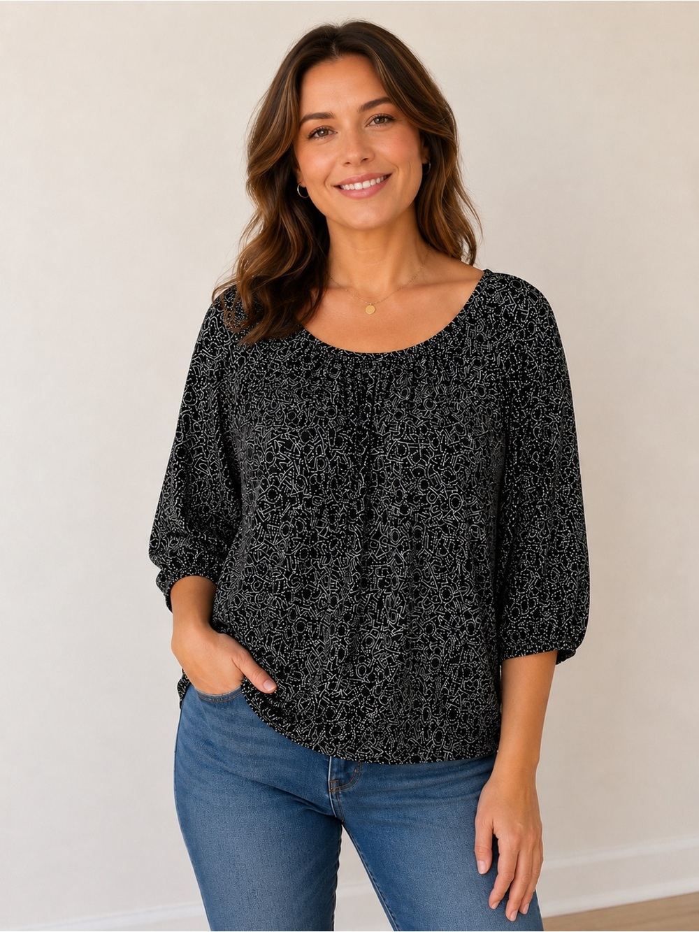 Michael Michael Kors Black Patterned Scoop Neck Women’s Top, size PM